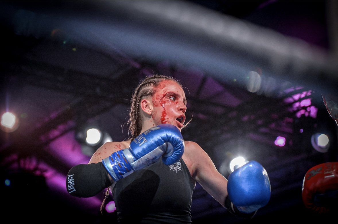 Close-up of Vanessa Romanowski mid-fight